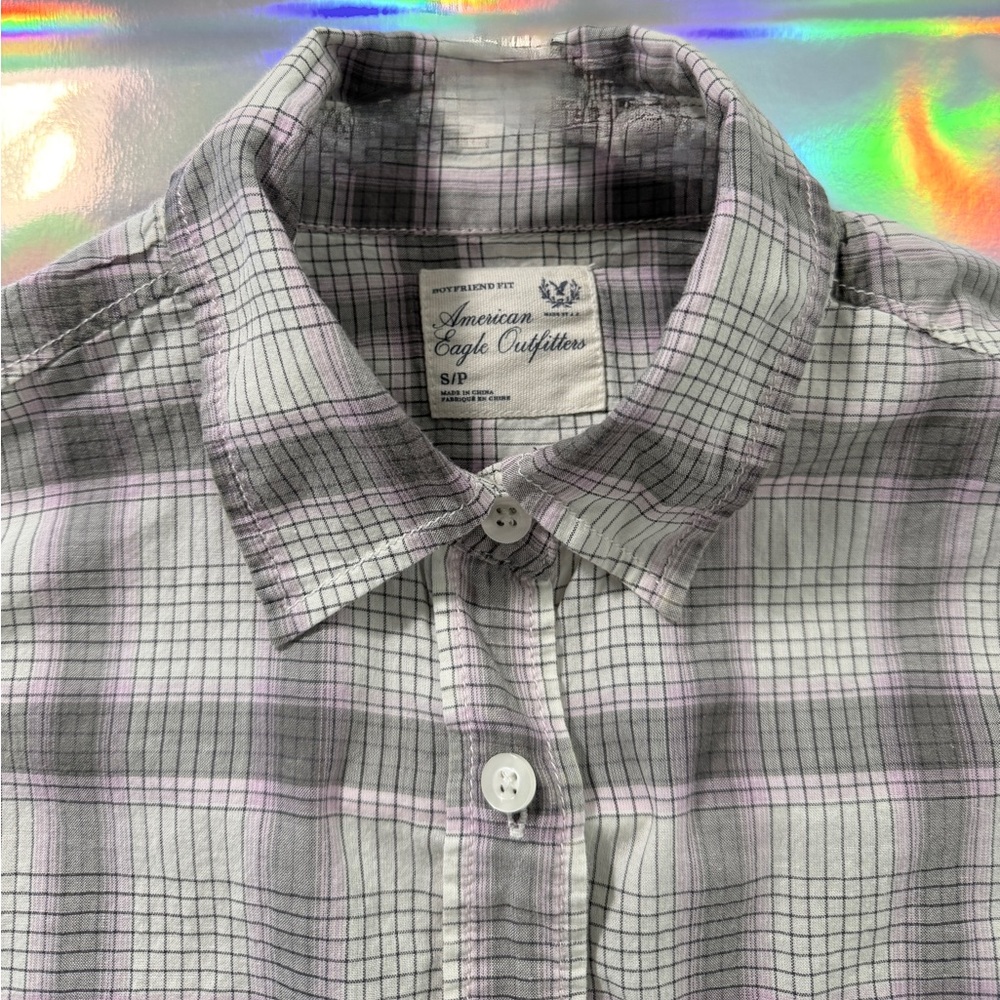 American Eagle Outfitters Women's Purple and Gray Plaid Shirt
